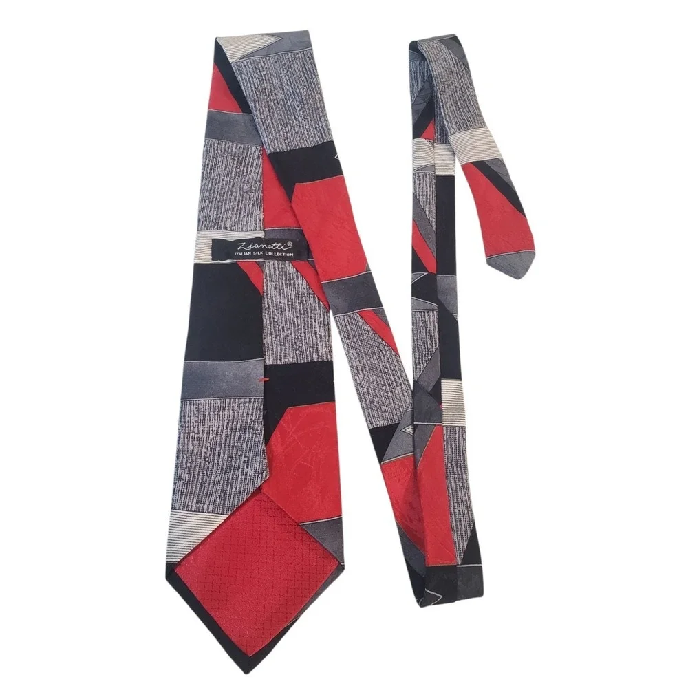 Zionetti Mens Tie Necktie Designer‎ Luxury Black Gray Red Geometric Italian Silk